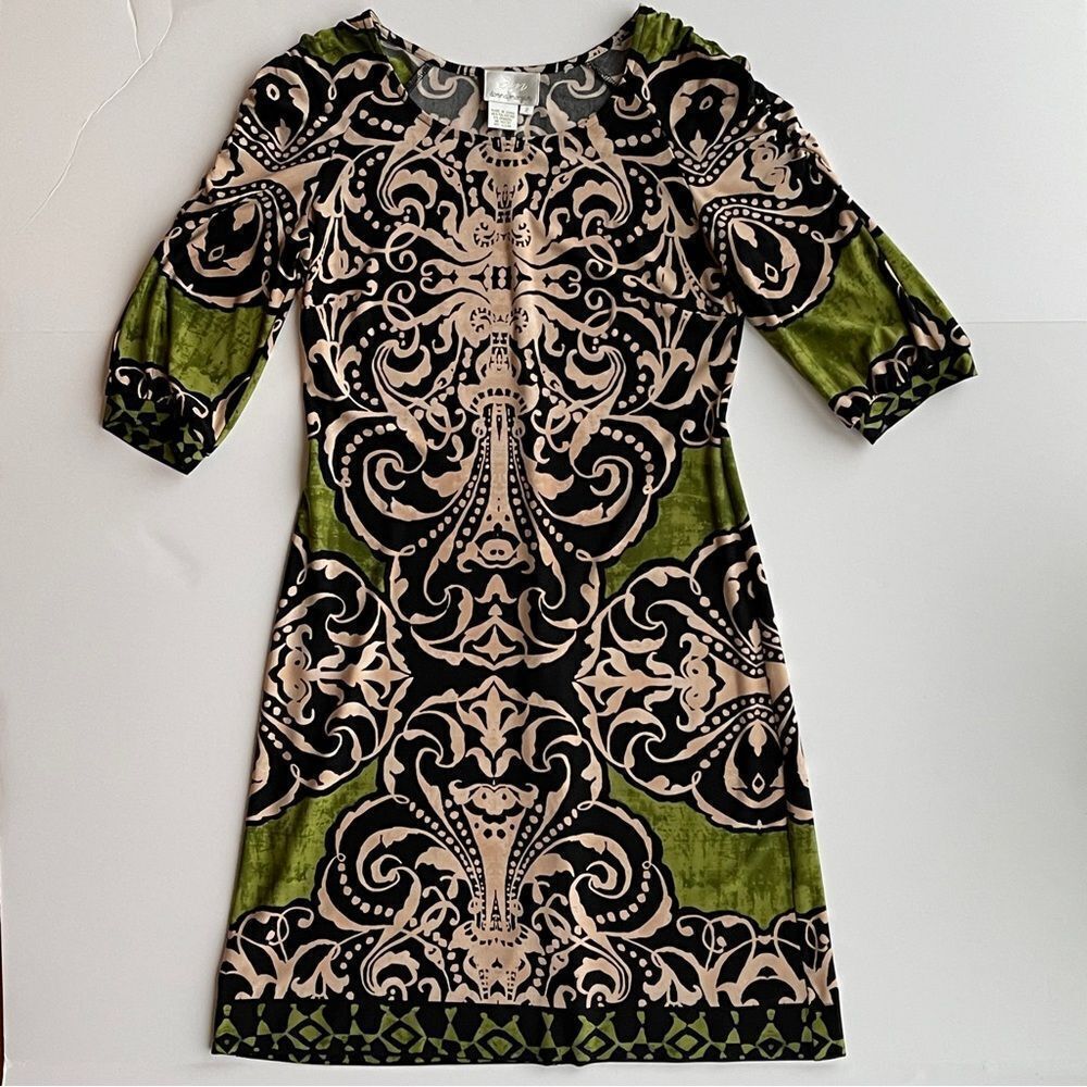DONNA Morgan Green Filigree print 3/4 sleeve Fitted Mini 
Dress Women’s Size 2 